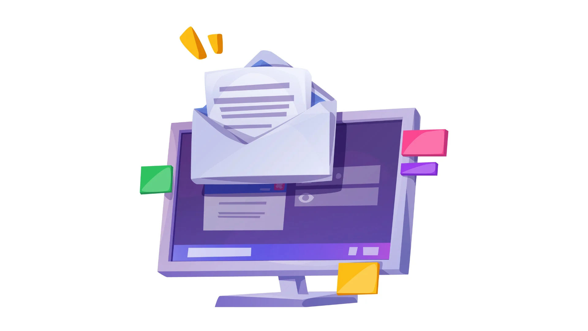 A flat vector illustration of an open digital envelope emitting paper airplanes, tech circuitry, and an upward trend arrow, representing an email newsletter subscription.